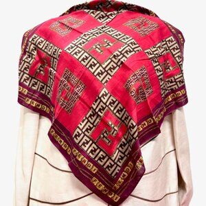 Unisex-FENDI Zucca mini scarf handker cotton/sILK 22" Red Gold   Brown FF(81)